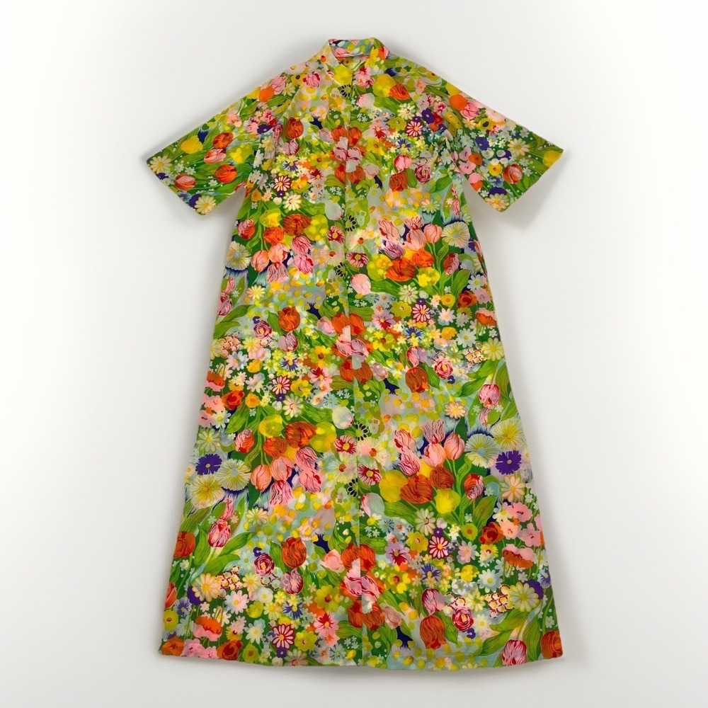 Vintage 60s Van Raalte Kaftan Multicolor Floral Maxi Dress Sz S Half Zip Relaxed